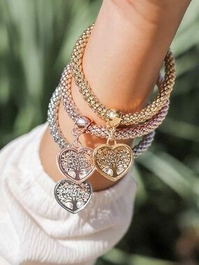 Trio-Tone Heart Tree of Life Bracelet Set - Rose Gold, Silver & Gold